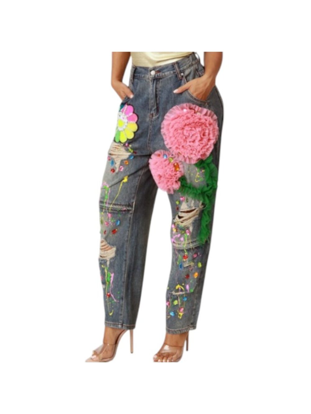 Custom Floral Embellished 3D Distressed Jeans Women's Denim Paint Splatter NEW